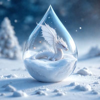 Primary subject: A dragon in a glass bowl.
Setting/background: Snowy environment.
Visual style: Digital art.
Colors and mood: The dragon is white, and the overall atmosphere is serene and magical.